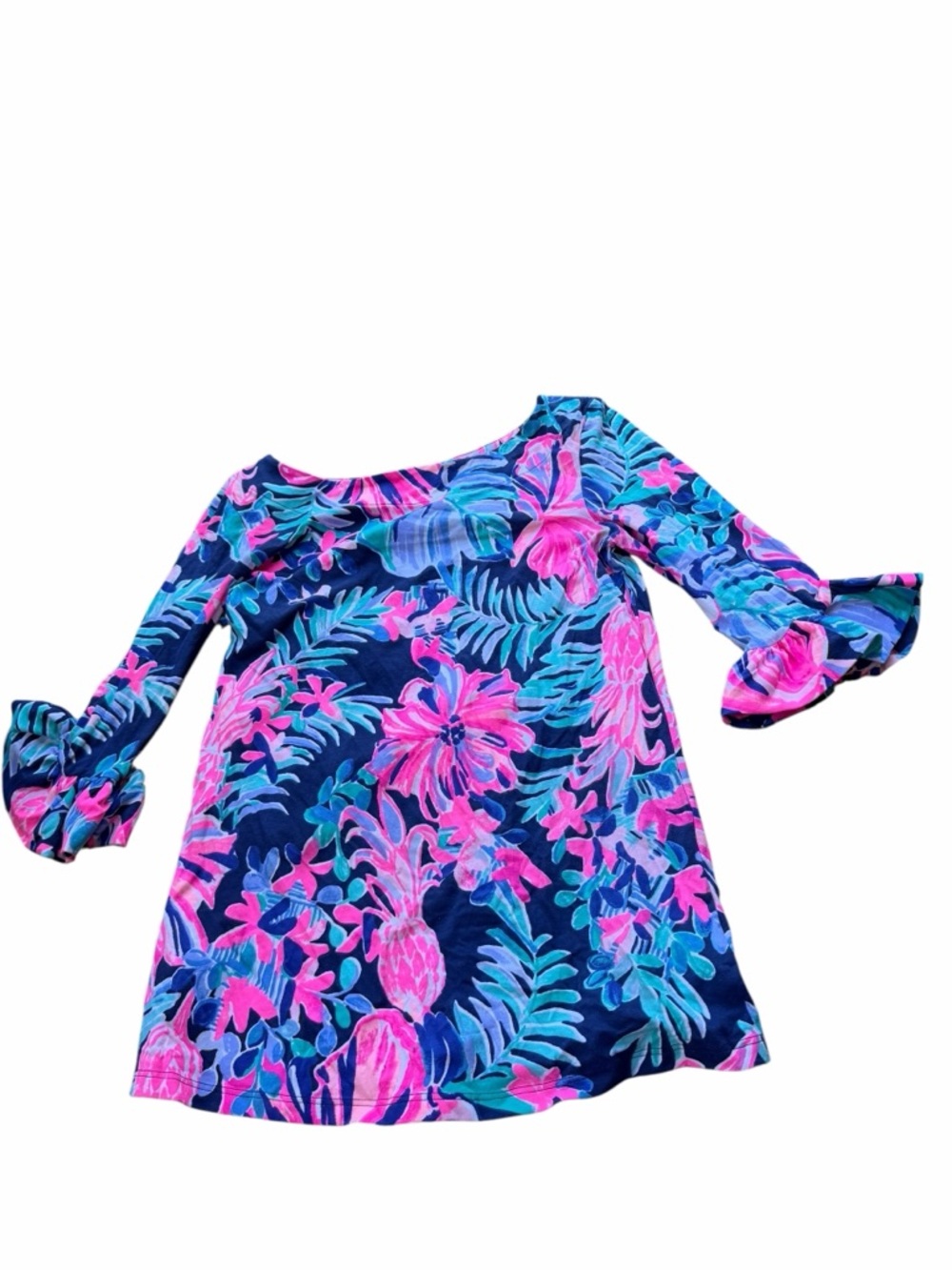 Lilly Pulitzer ruffle sleeve top Blue Multi Garden Get Away Tropical Pink Blue